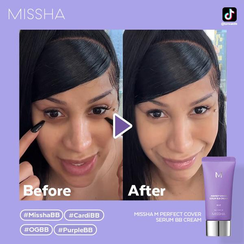 [MISSHA Official] M Perfect Cover Serum BB Cream (35Ml) - Bifida Ferment Lysate Serum-Infused BB Cream for Anti-Aging Skin Rejuvenation, Skin Tint, Tinted Moisturizer, Skin Care Foundation Makeup,Superfood Complex,Glass Skin Cardibb OGBB Purplebb