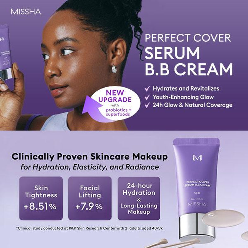 [MISSHA Official] M Perfect Cover Serum BB Cream (35Ml) - Bifida Ferment Lysate Serum-Infused BB Cream for Anti-Aging Skin Rejuvenation, Skin Tint, Tinted Moisturizer, Skin Care Foundation Makeup,Superfood Complex,Glass Skin Cardibb OGBB Purplebb